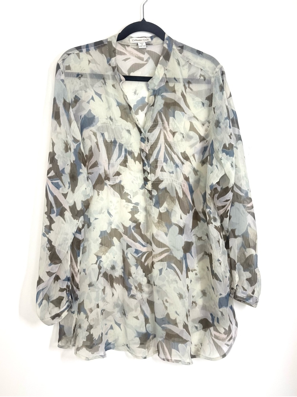 Coldwater Creek Sheer Floral Button-Front Blouse Mandarin Collar 2XL XXL Boho